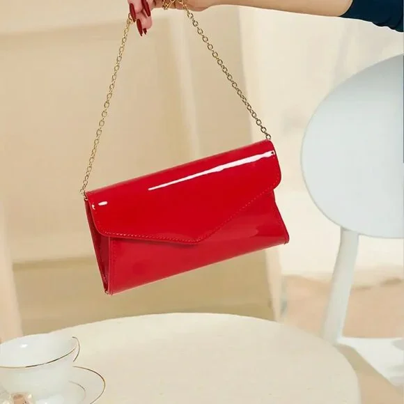 Elegant RED Patent Leather Clutch Purse - Evening Bag with Chain for Women  NEW - Picture 7 of 10